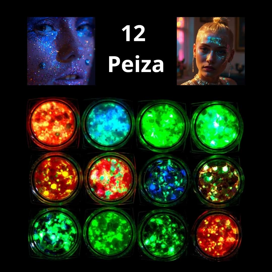 Aplicación de gel de purpurina LumiGlow en rostro, destacando brillo bajo luz UV