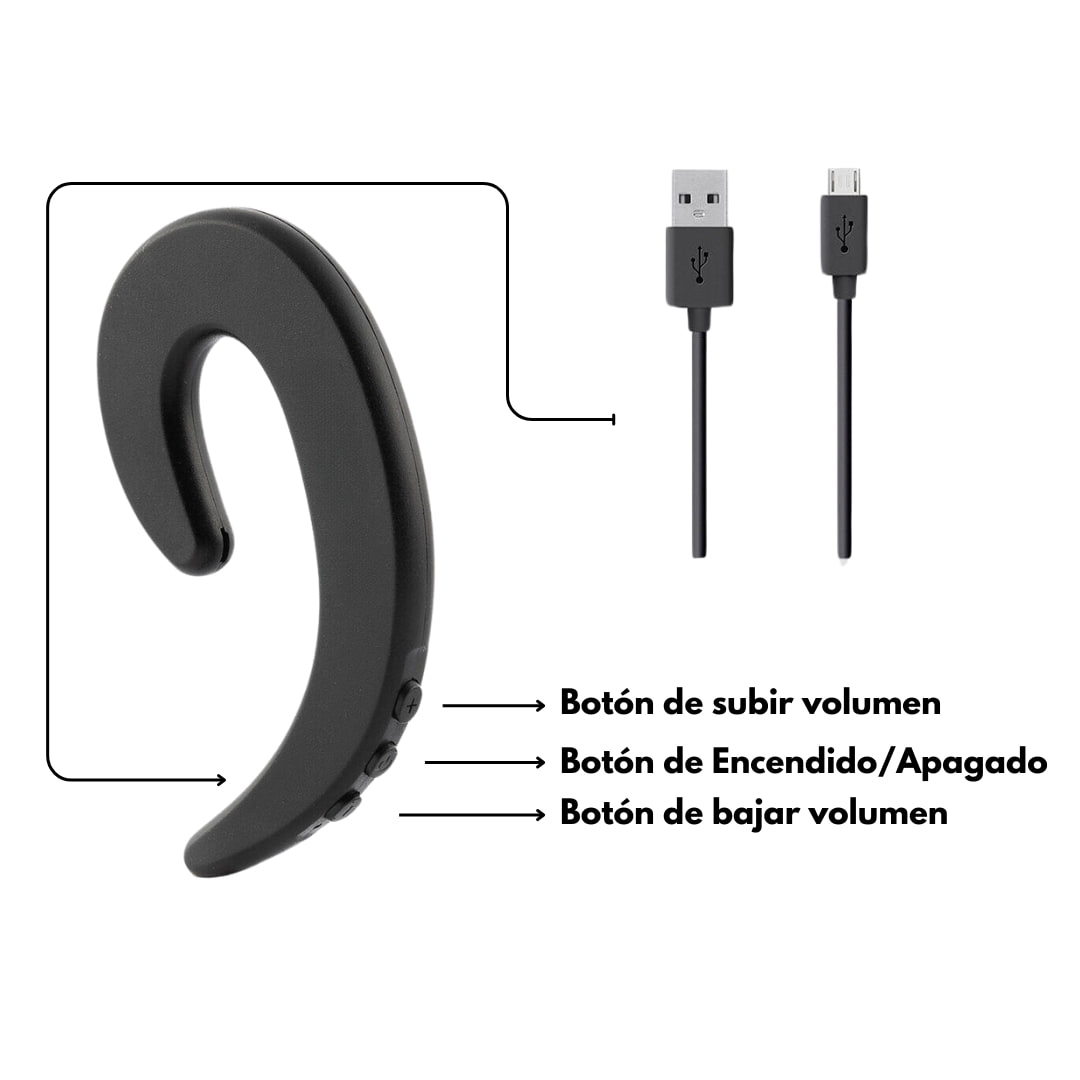 Vista lateral del auricular open-ear mostrando adaptador de silicona incluido