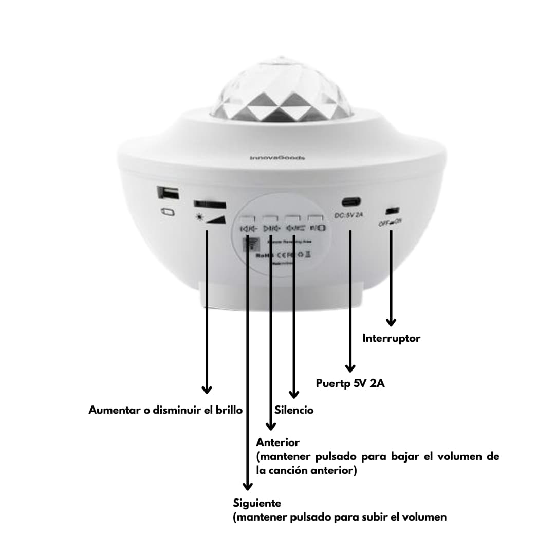 Proyector LED con efecto galaxia y música desde altavoz Bluetooth incorporado