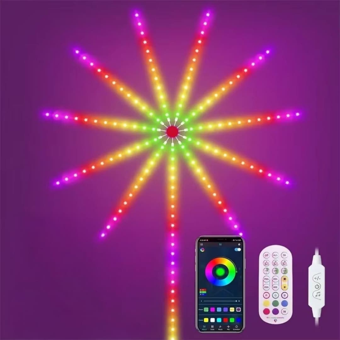 Vista frontal de la tira LED USB con efecto pirotecnia multicolor encendida