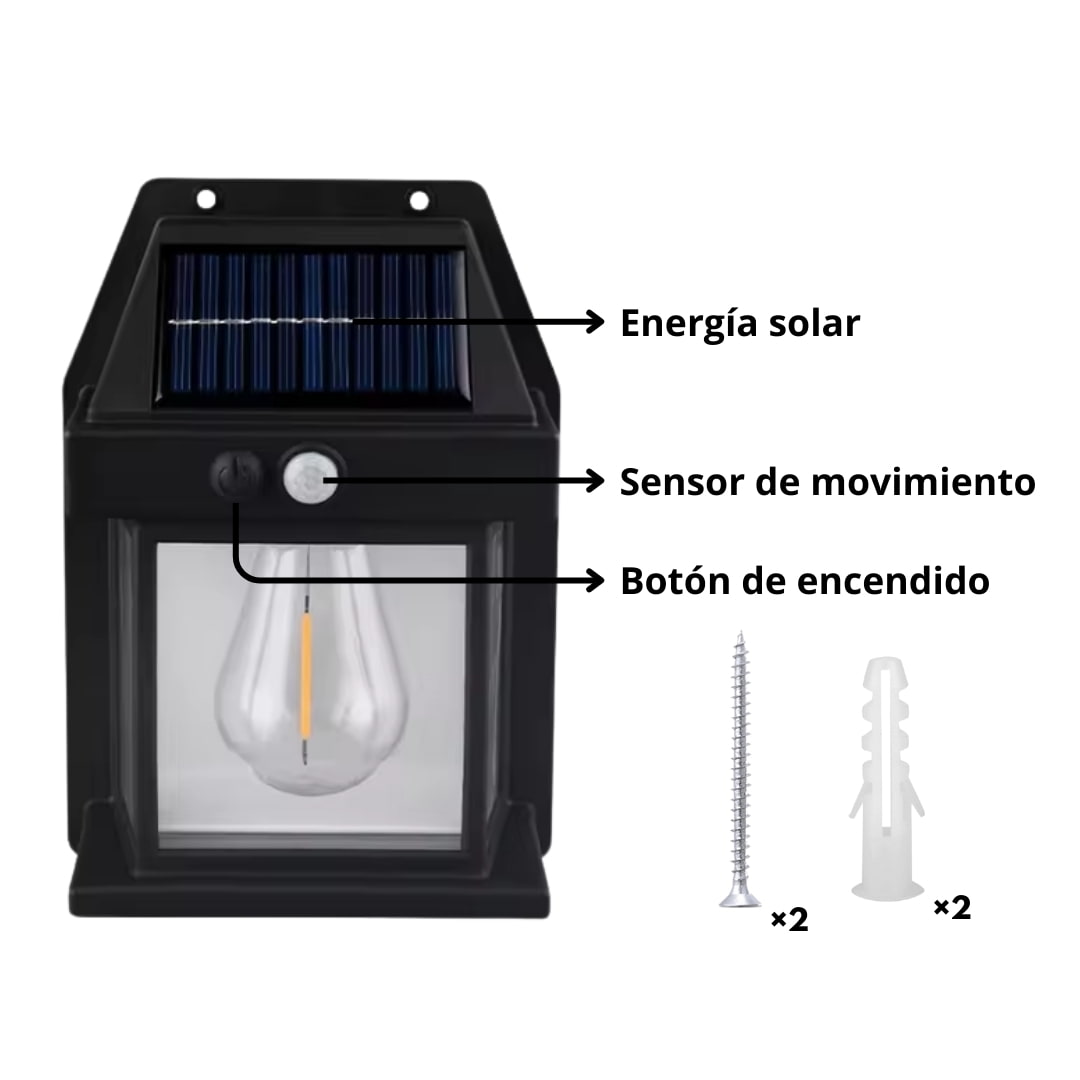 Vista frontal de foco solar LED con panel integrado IP65