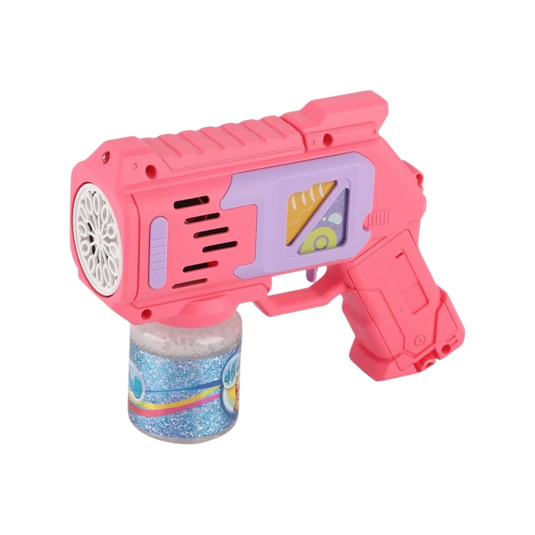 Pistola de burbujas rosa en primer plano con diseño ergonómico infantil.