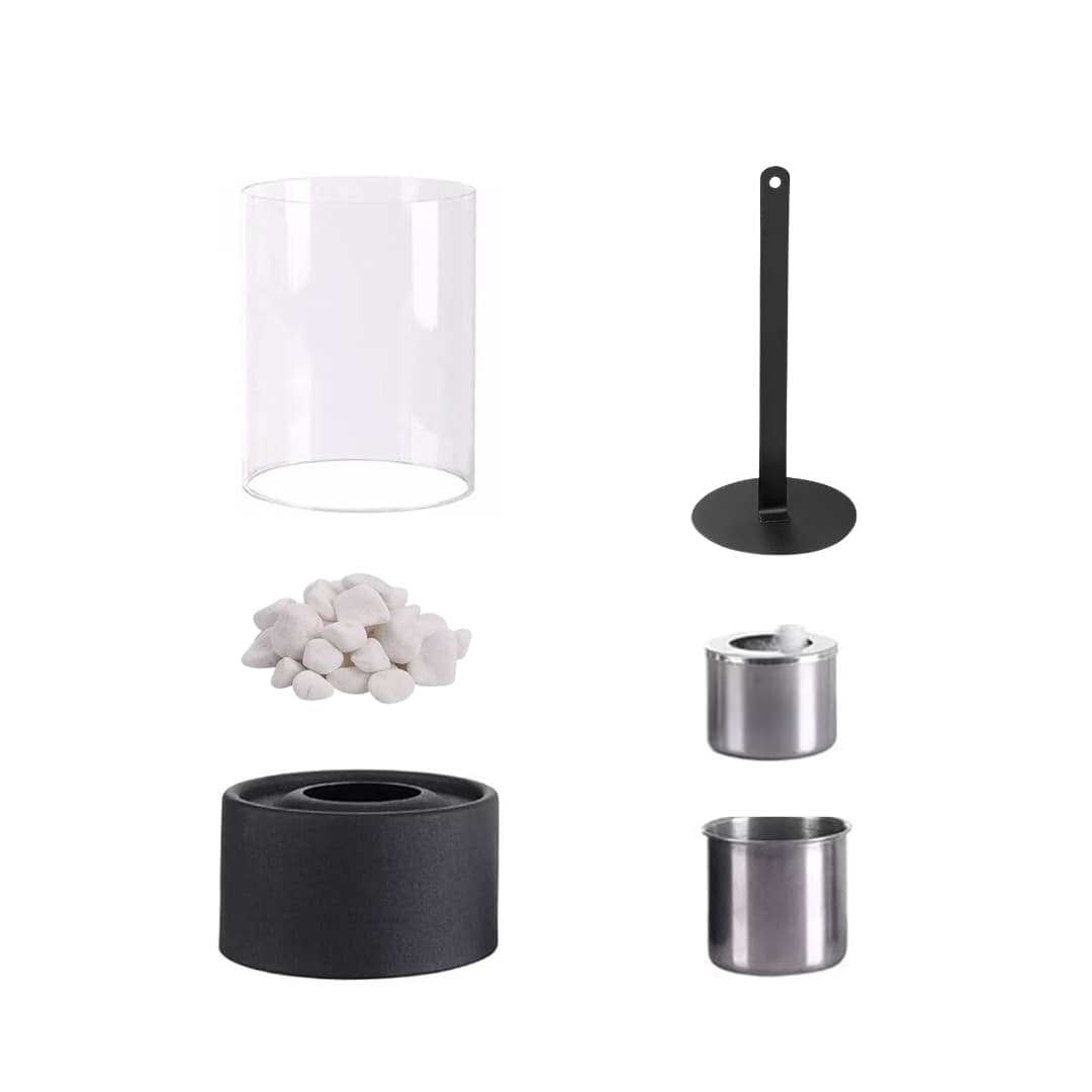 Vista lateral de chimenea portátil de bioetanol con tulipa de cristal y piedras decorativas