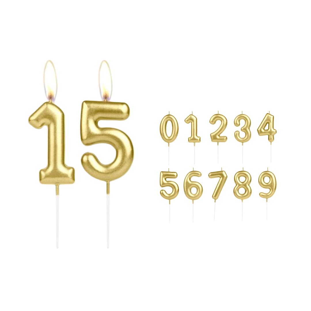 Velas doradas del 0 al 9 encendidas sobre pastel para celebración especial