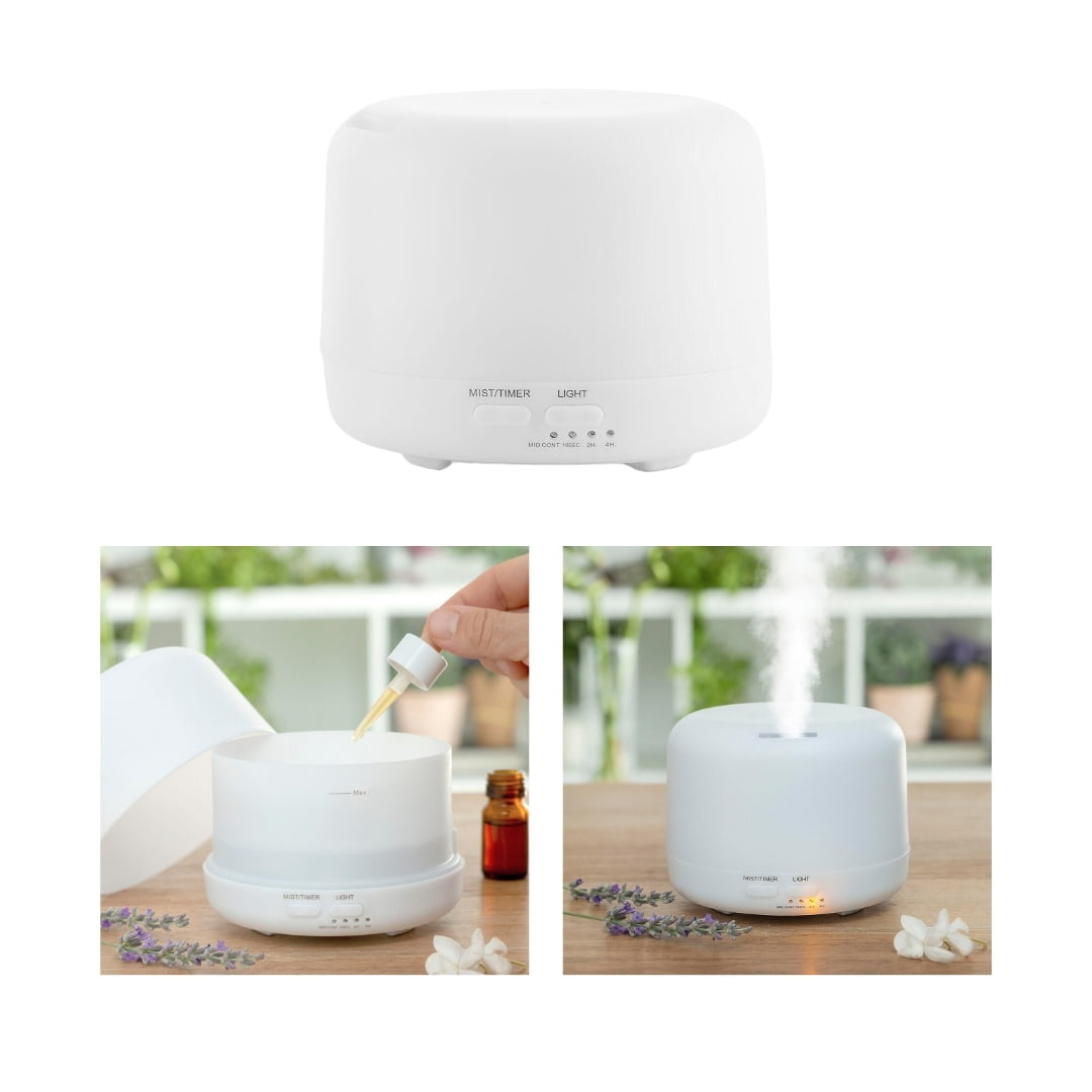 Vista lateral del humidificador con luz LED multicolor y diseño compacto en color blanco