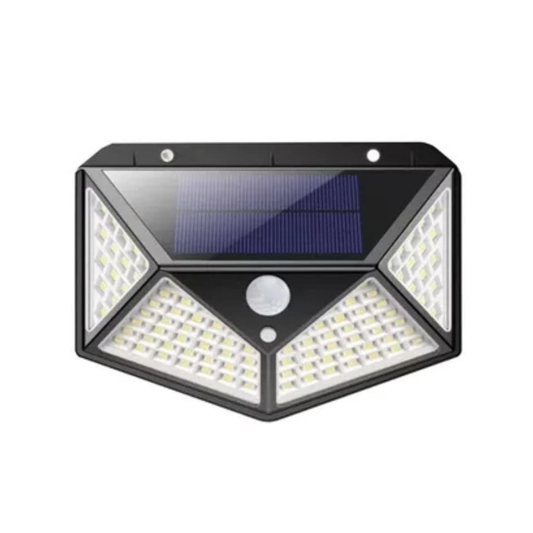 Vista frontal de lámpara solar con sensor de movimiento activado al anochecer