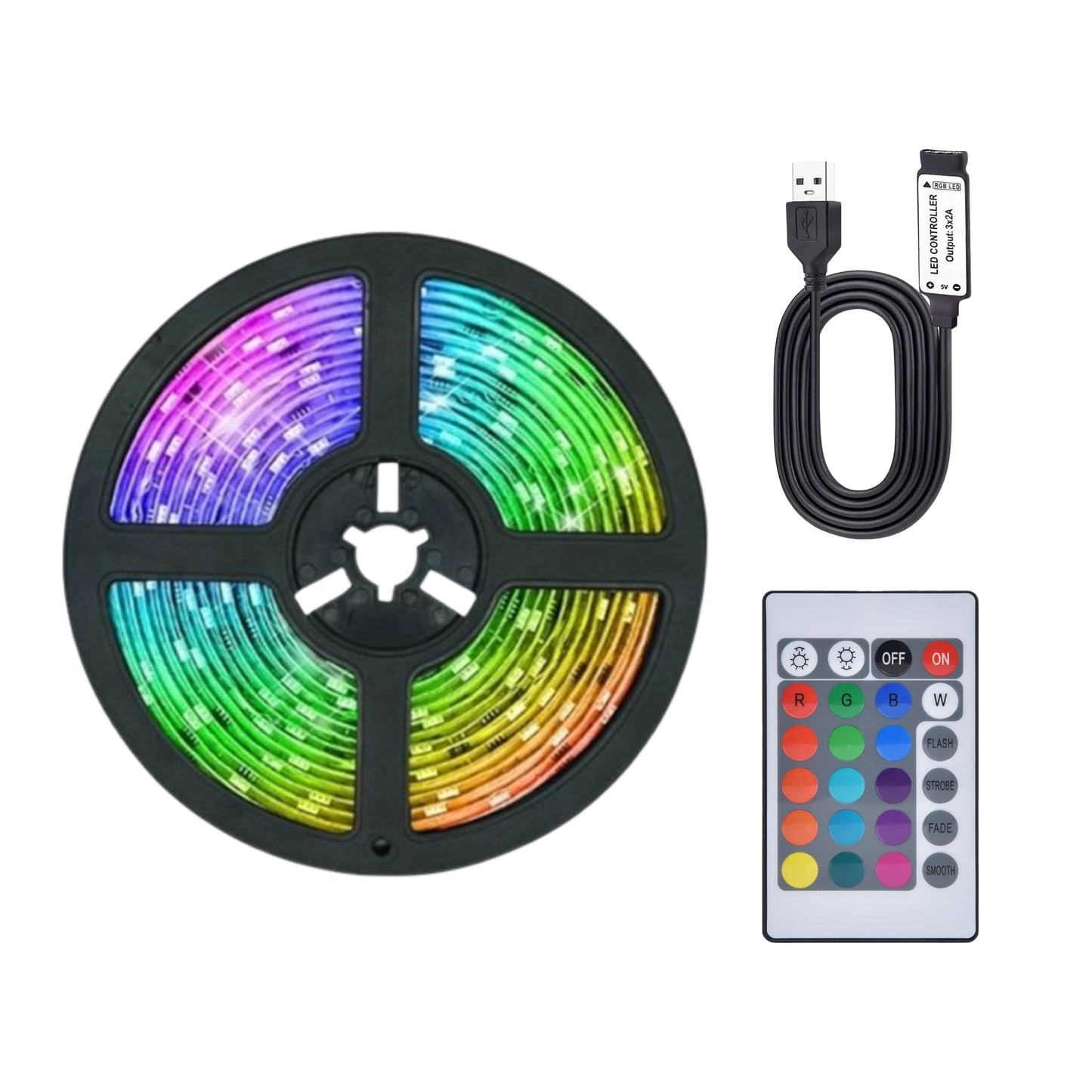 Control remoto multibotón para cambiar colores, intensidad y modos de la tira LED.
