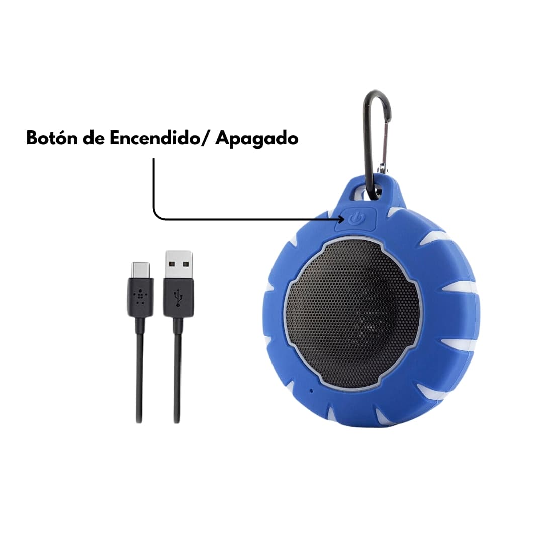 Detalle del altavoz flotante mostrando diseño compacto y resistente al agua IPX7
