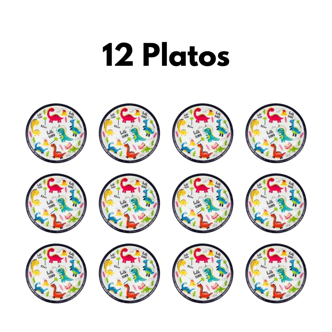 12 platos Hello Dino de cartón reciclable, perfectos para cumpleaños temáticos de dinosaurios