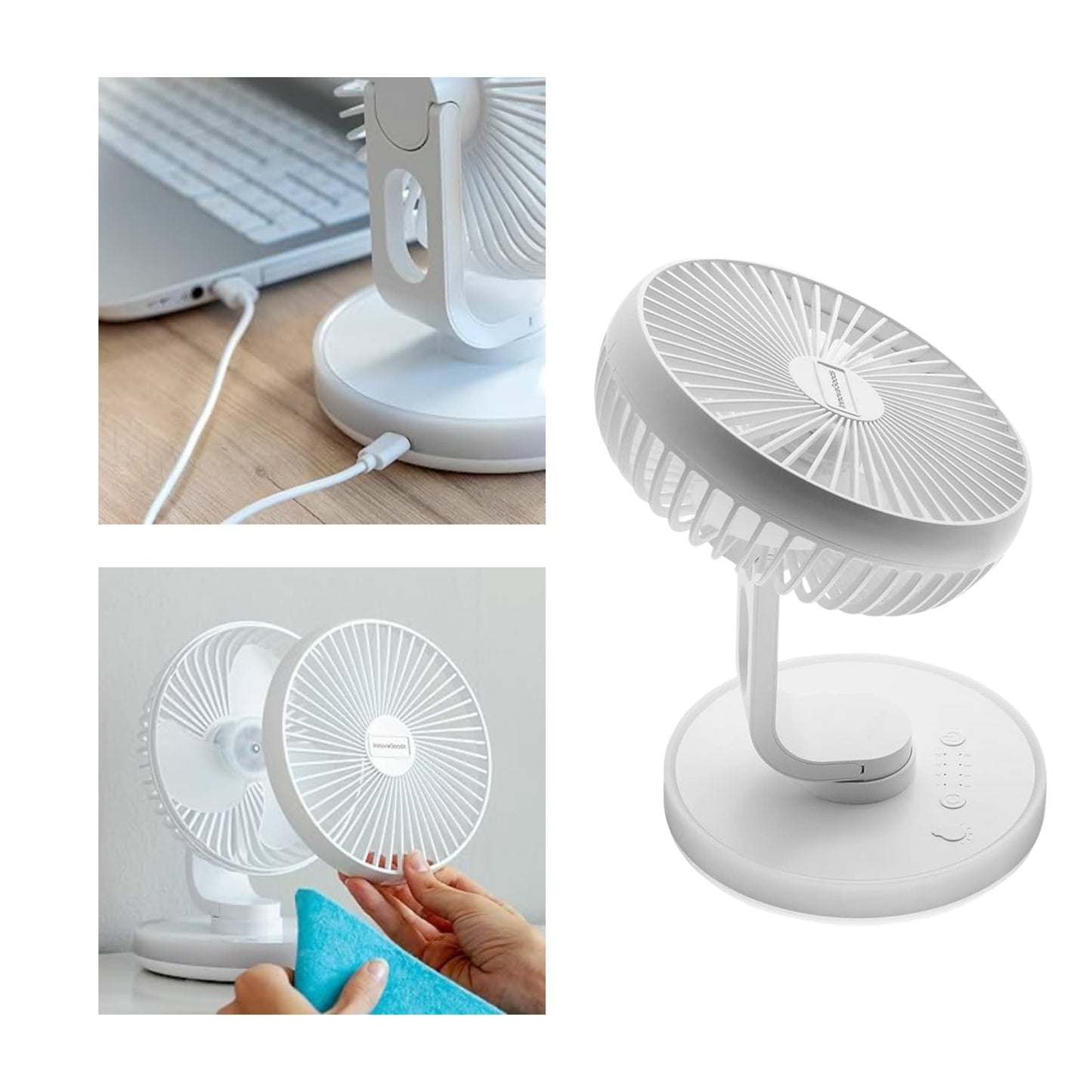 Ventilador portátil con 4 velocidades y oscilación de 100°, ideal para oficina.
