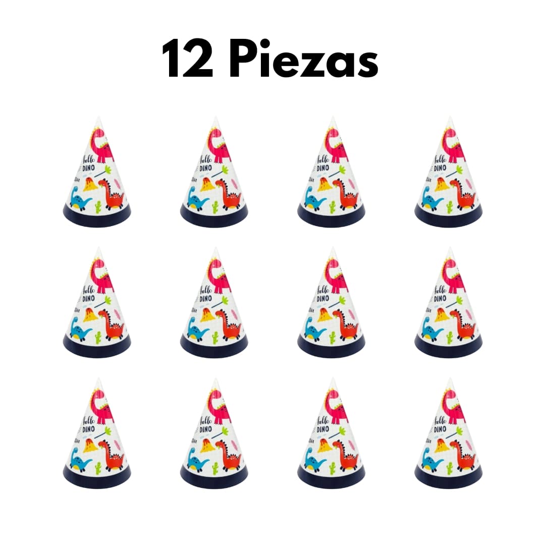 Sombreros de fiesta Hello Dino con ilustraciones de volcanes y selva prehistórica