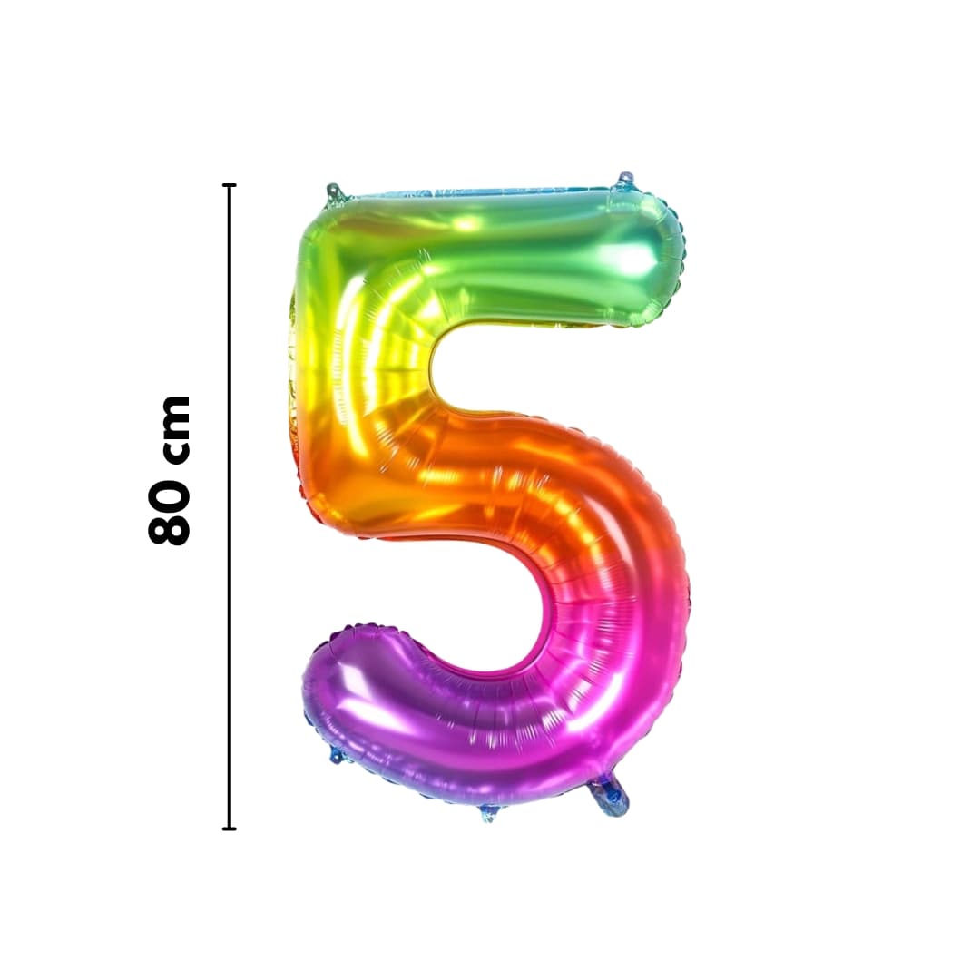 Globo número 5 metálico arcoíris de 80 cm para eventos creativos y alegres