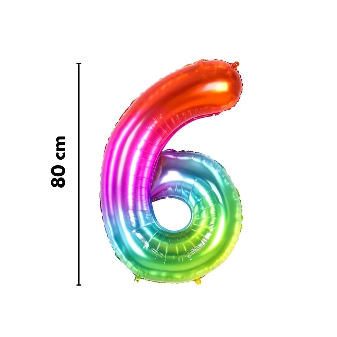 Globo arcoíris metálico número 6 ideal para fiestas con decoración colorida