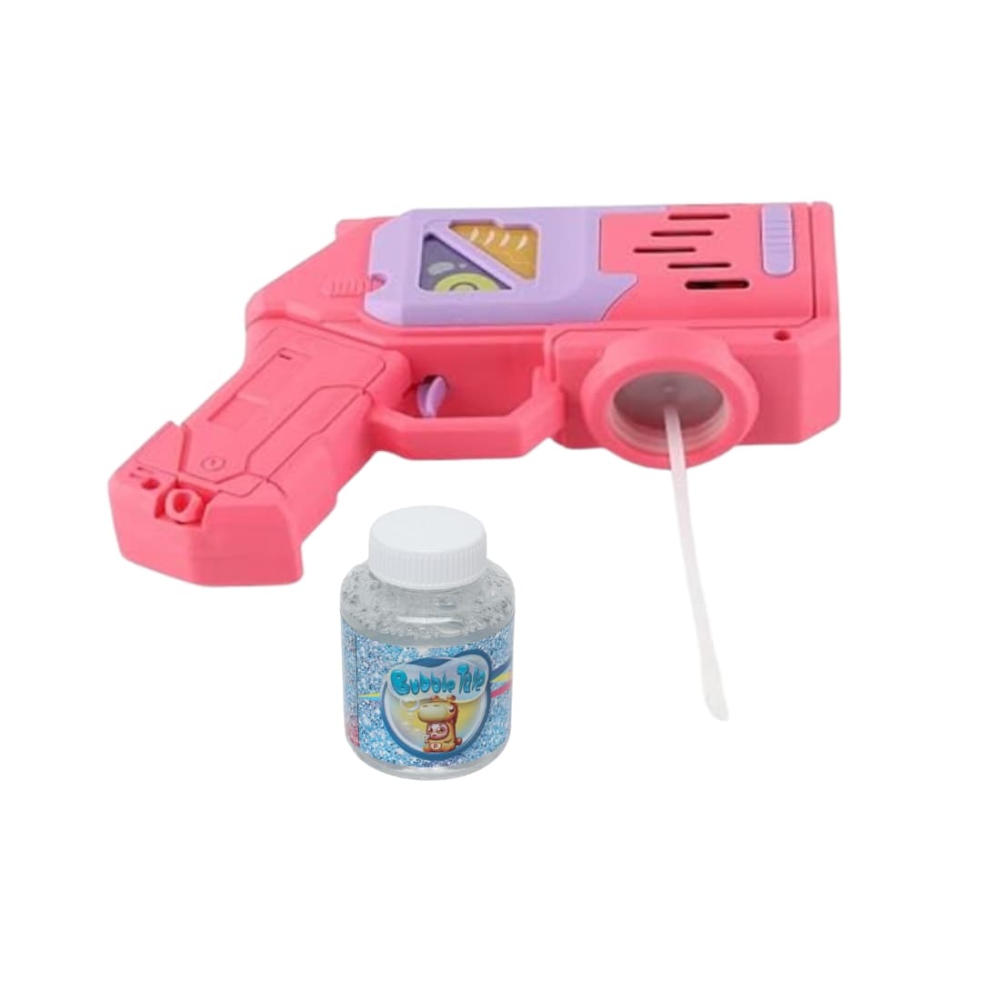 Máquina de pompas rosa funcionando, emitiendo burbujas al aire.
