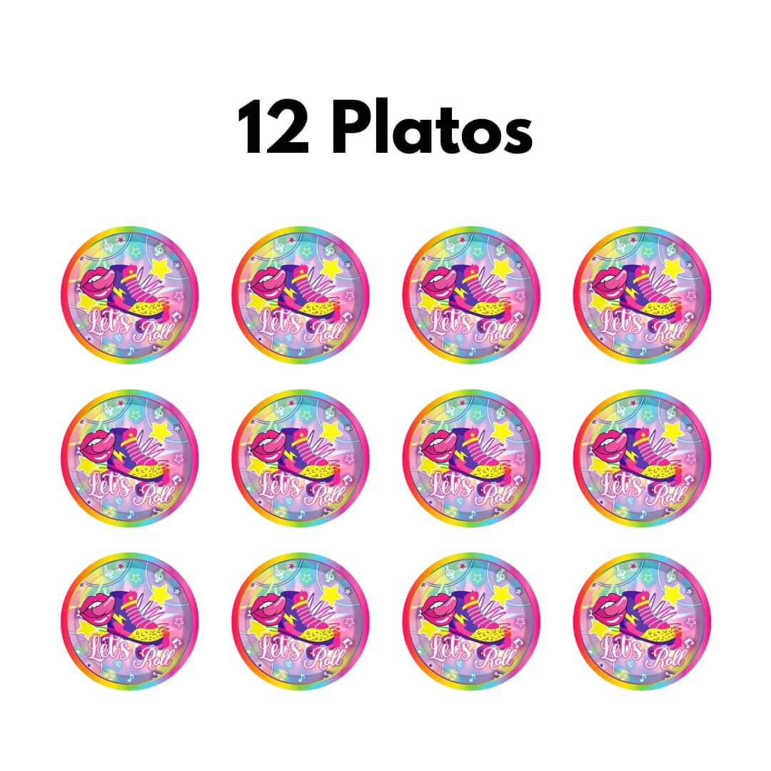 Platos fiesta retro Let's Roll de 12 PLATOS, combinables con vasos y servilletas de la colección