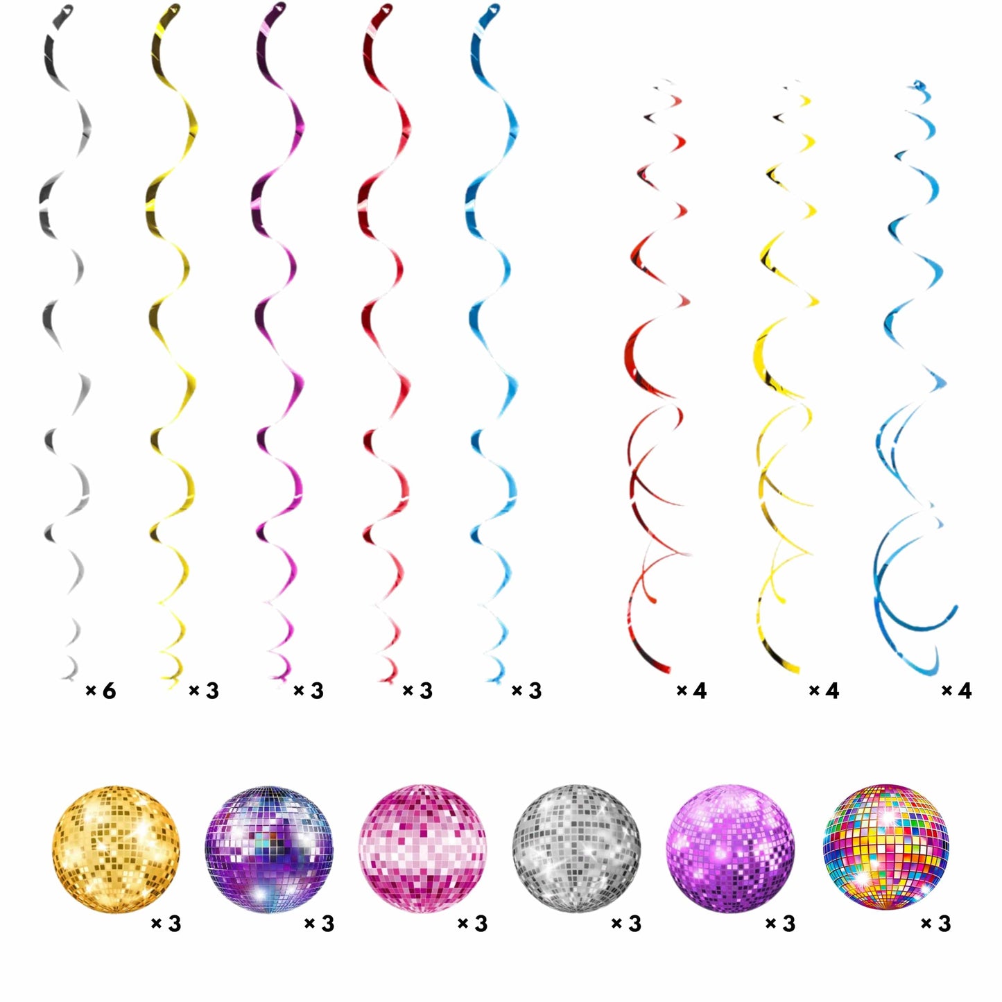 Espirales colgantes de colores vibrantes del kit de decoración disco, perfectas para ambientar pistas de baile
