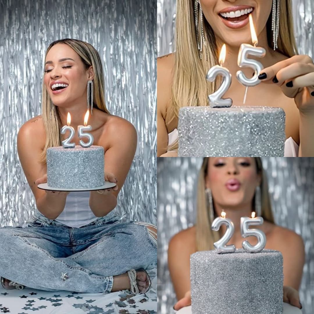 Vela número plateada metálica de 10 cm, diseño moderno en torta de cumpleaños