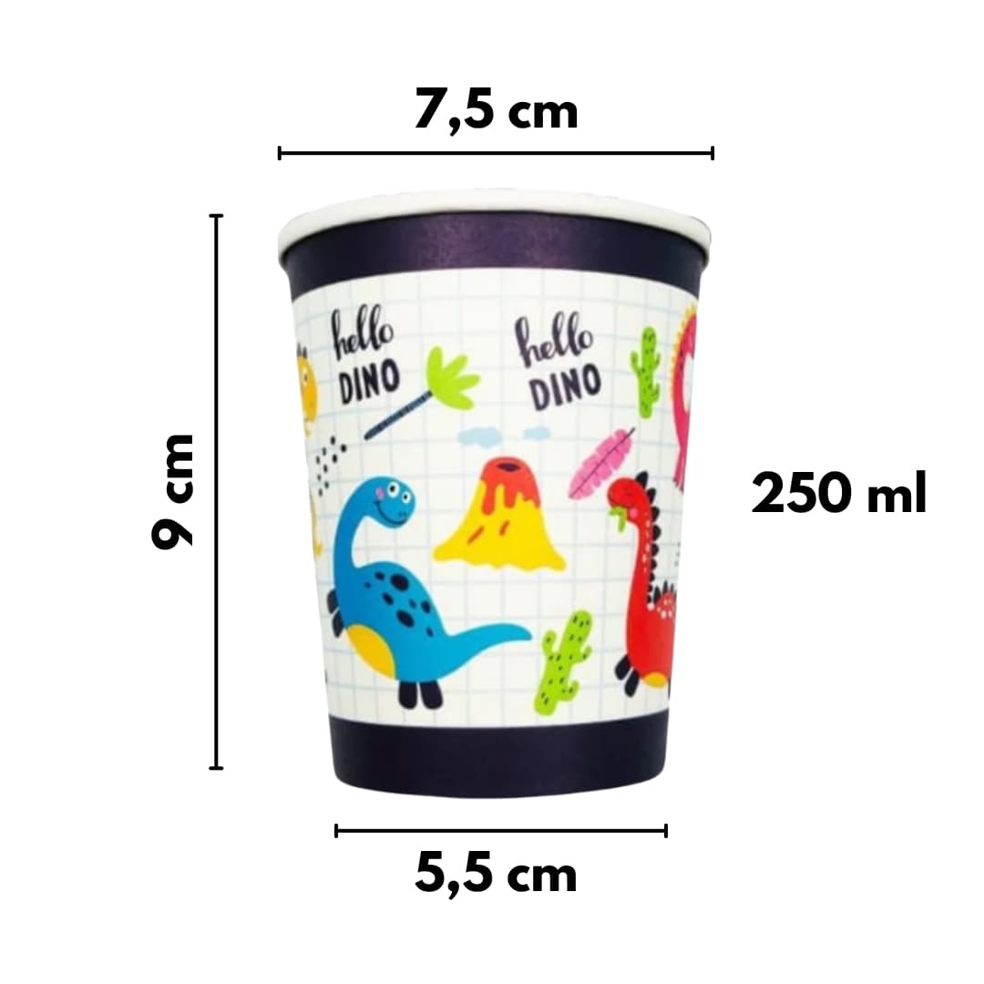 Vasos desechables Hello Dino resistentes hasta 70 °C, perfectos para bebidas y postres