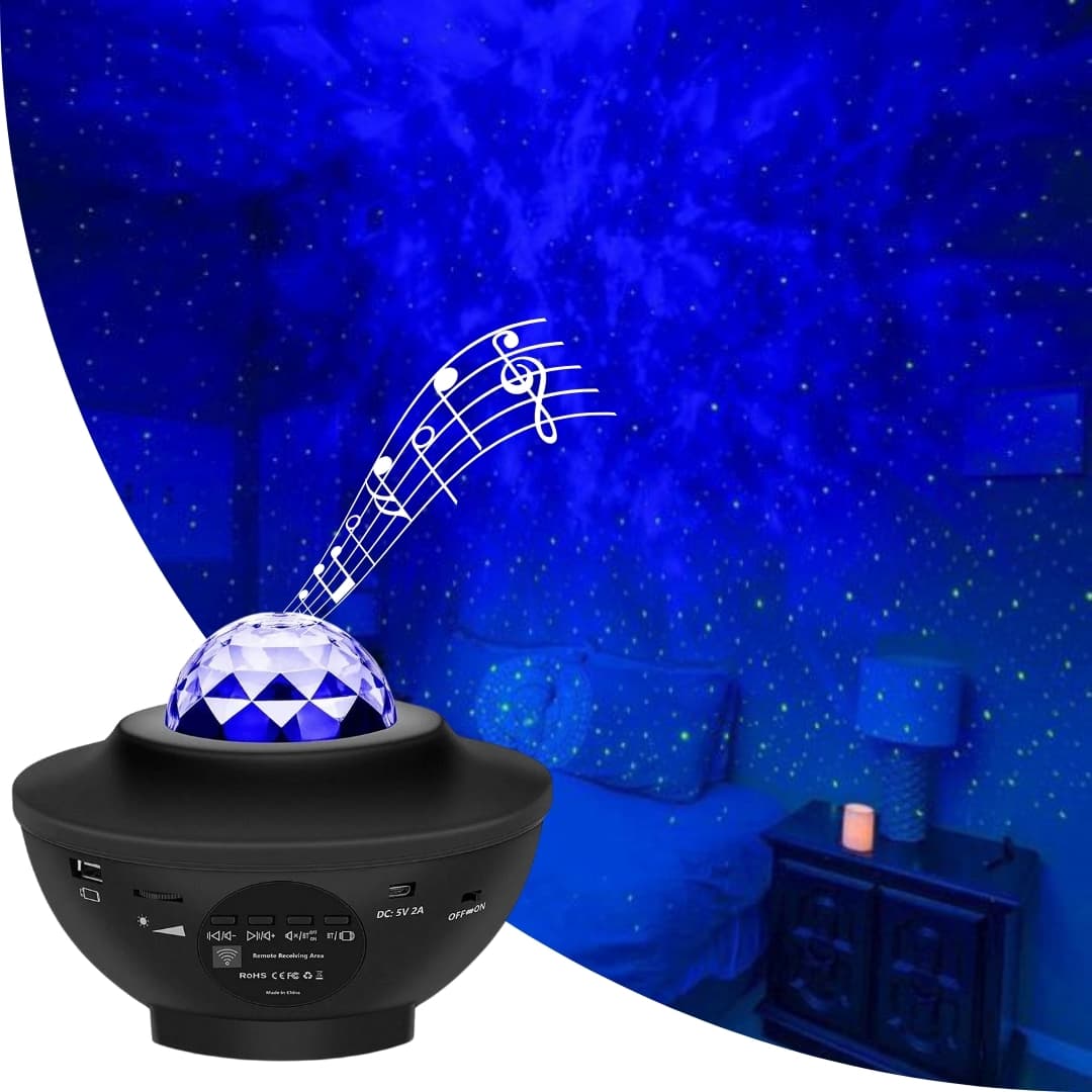 Proyector LED emitiendo nebulosa violeta y láser verde al techo