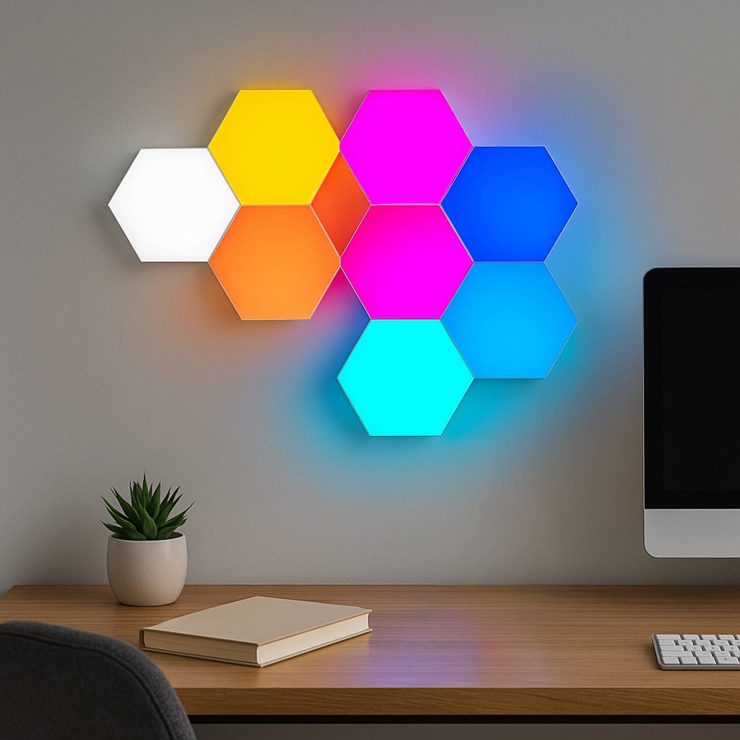 Luces LED modulares hexagonales para sala gamer o estudio, diseño creativo y personalizable.