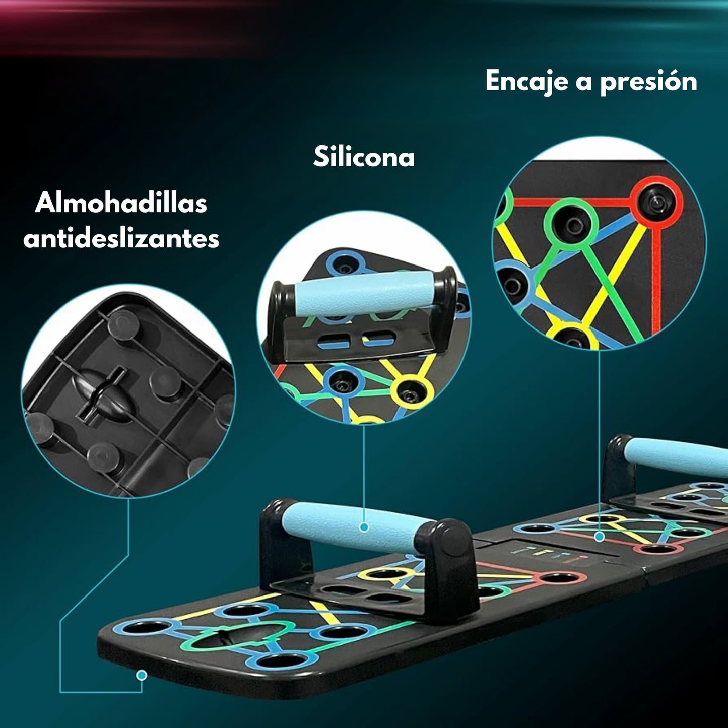Primer plano del sistema de agarres desmontables sobre la tabla multicolor.