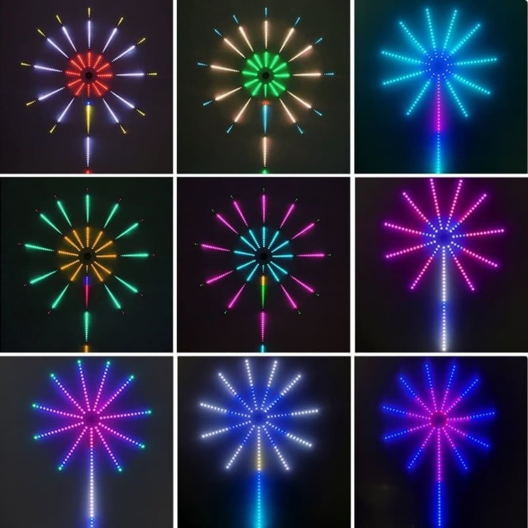 Detalle de LEDs direccionables creando patrón de estallido de fuegos