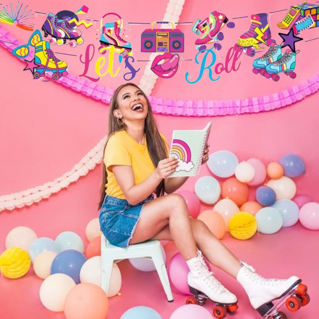 Guirnalda Let's Roll con figuras troqueladas de 15–20 cm, perfecta para cumpleaños años 80
