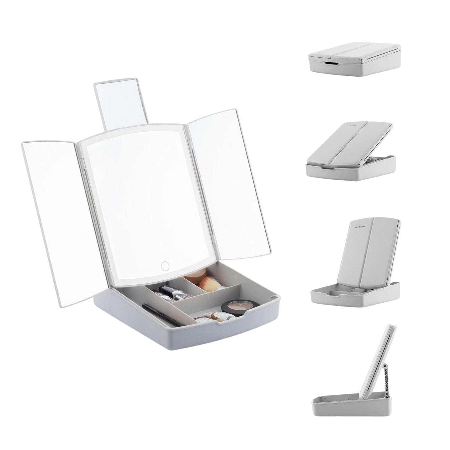 Vista frontal del espejo LED con compartimentos para maquillaje y accesorios