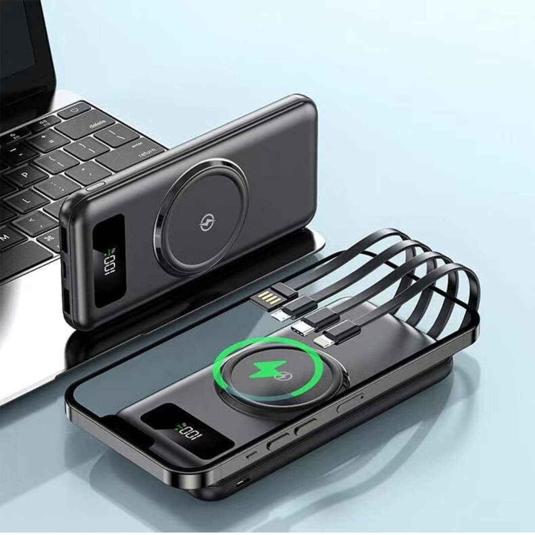 Detalle de cables integrados USB‑C y Lightning en power bank