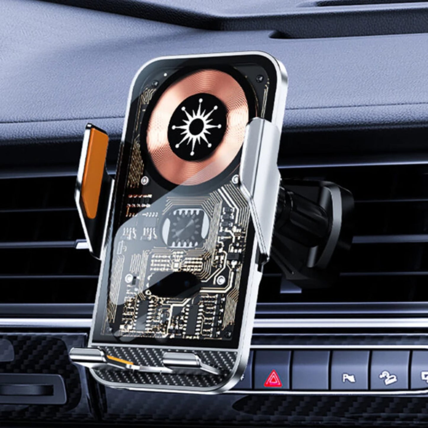 Cargador C10 sujetando teléfono con carga rápida en brazo automático