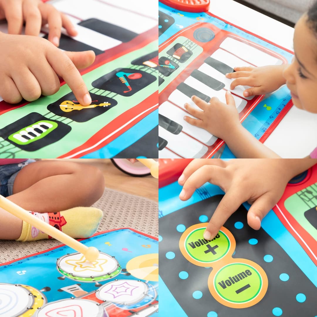 Detalle de baquetas incluidas para batería en tapete musical educativo