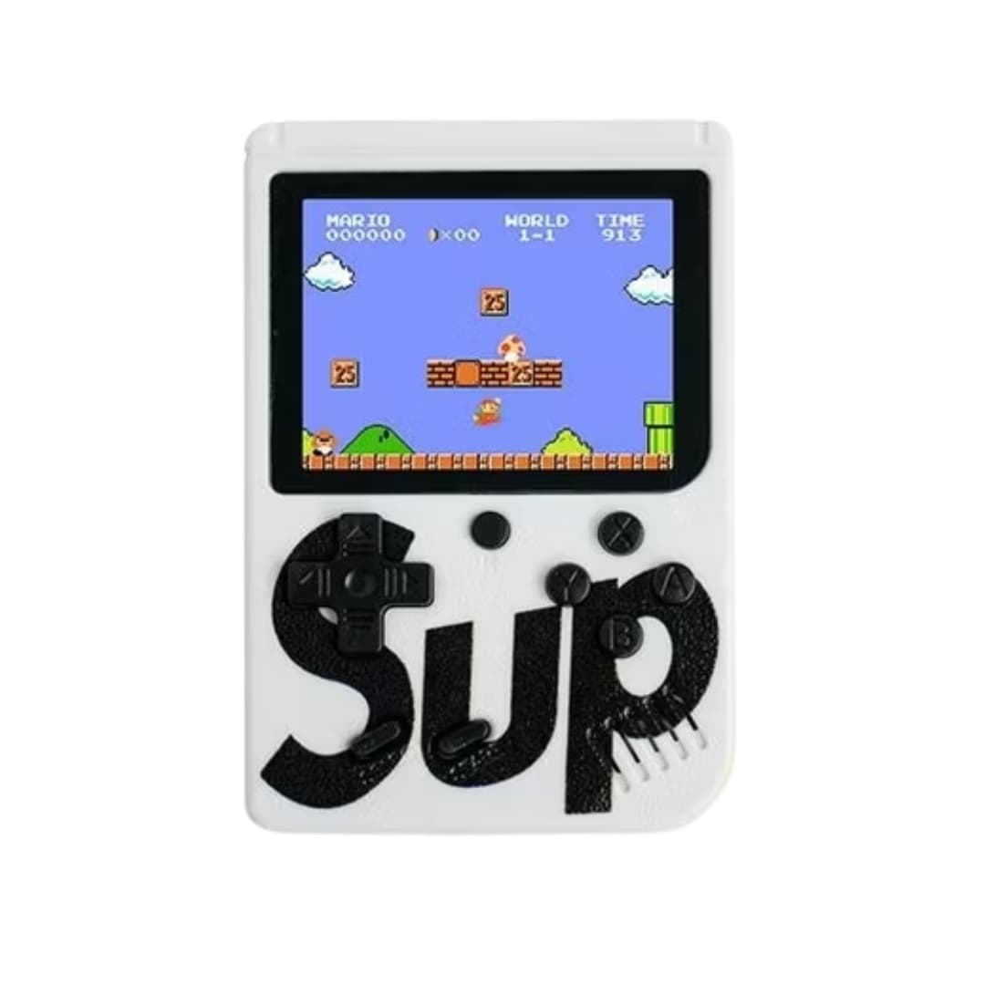 Gameboy Retro blanca con pantalla encendida mostrando juego clásico pixelado