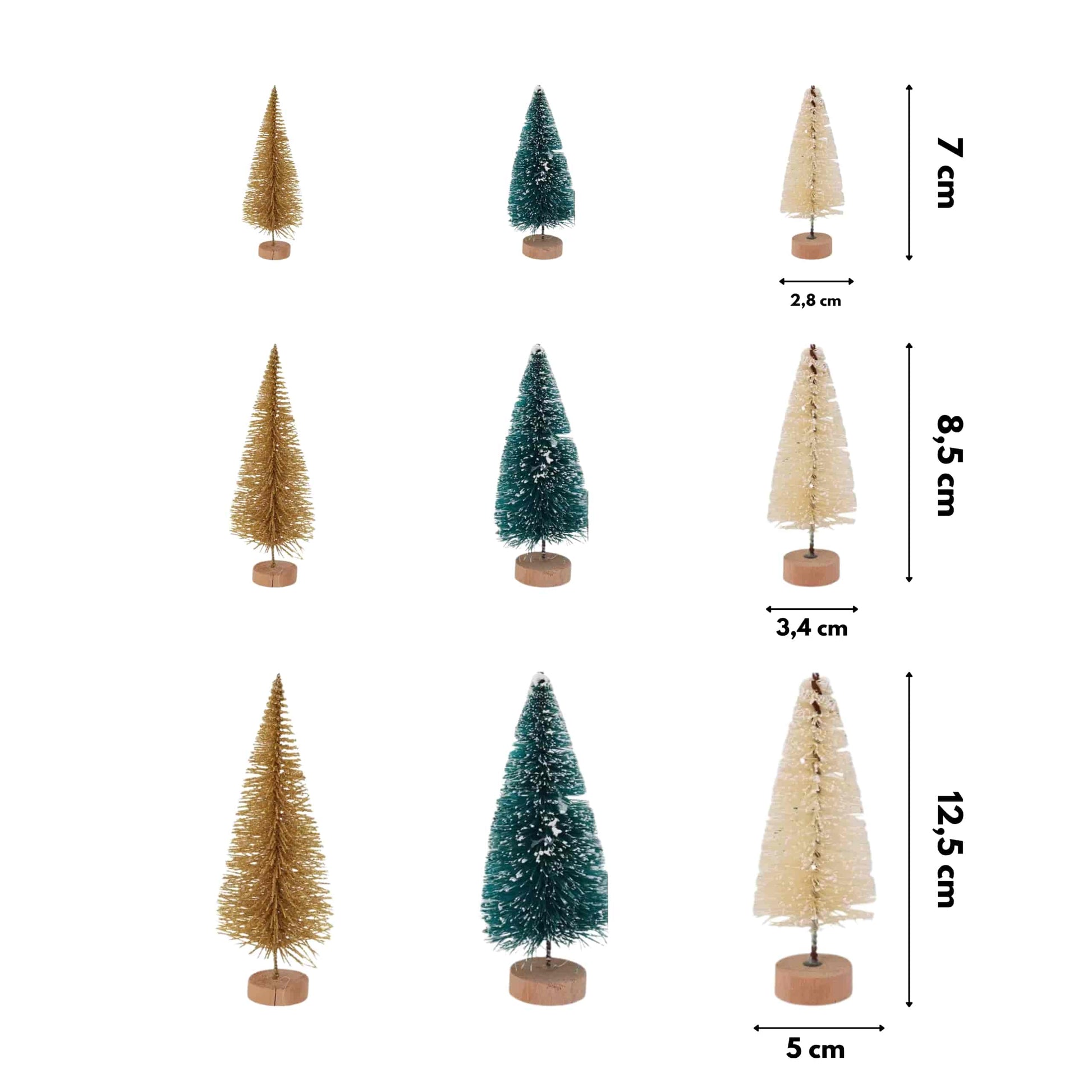 Mini árboles en tonos azul y dorado creando escena invernal elegante