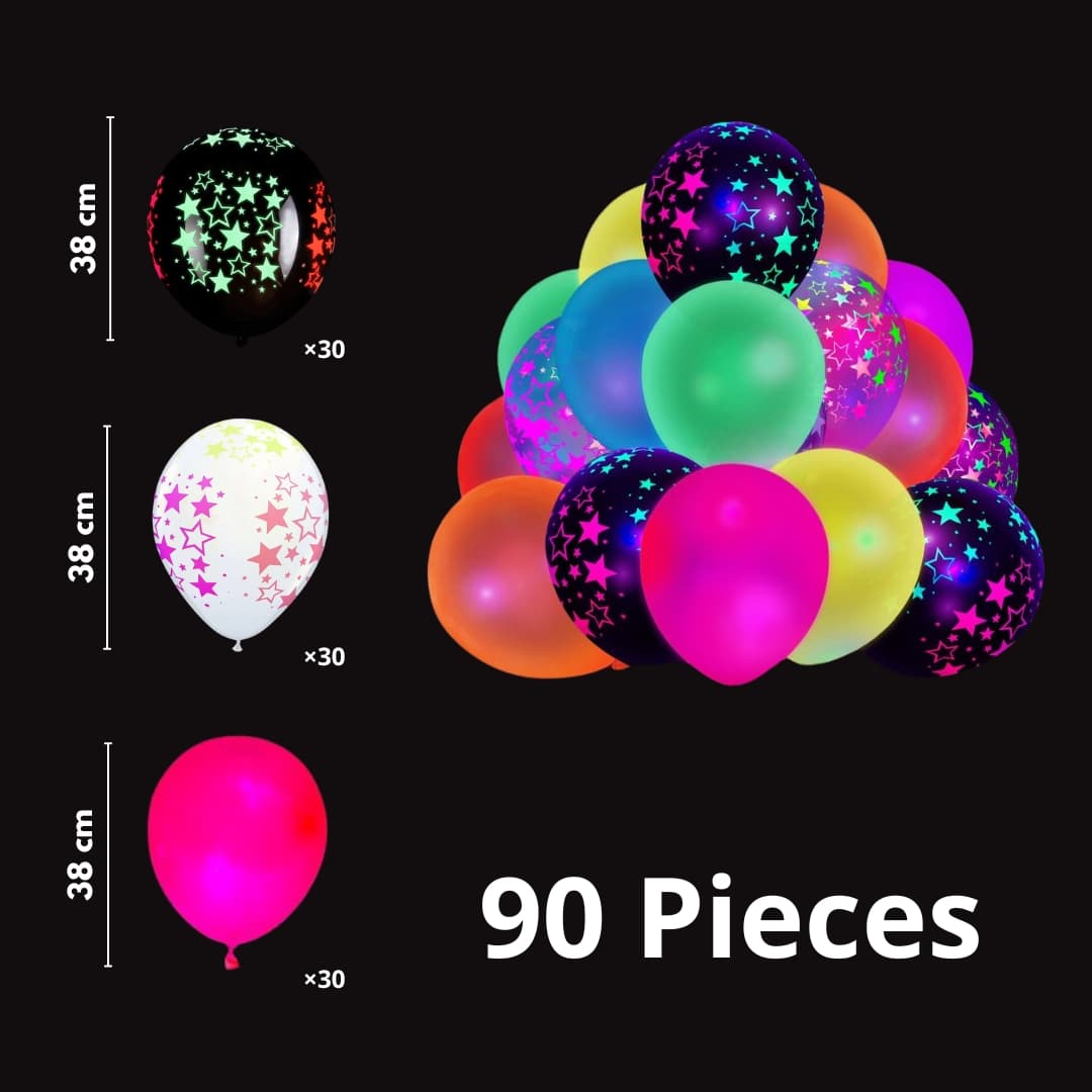 Pack de 90 globos: 30 negros con estrellas, 30 blancos con estrellas, 30 multicolor