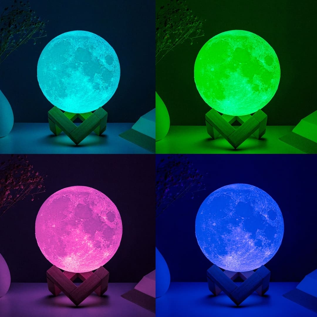 Vista lateral de la lámpara LED recargable con diseño esférico y base de madera