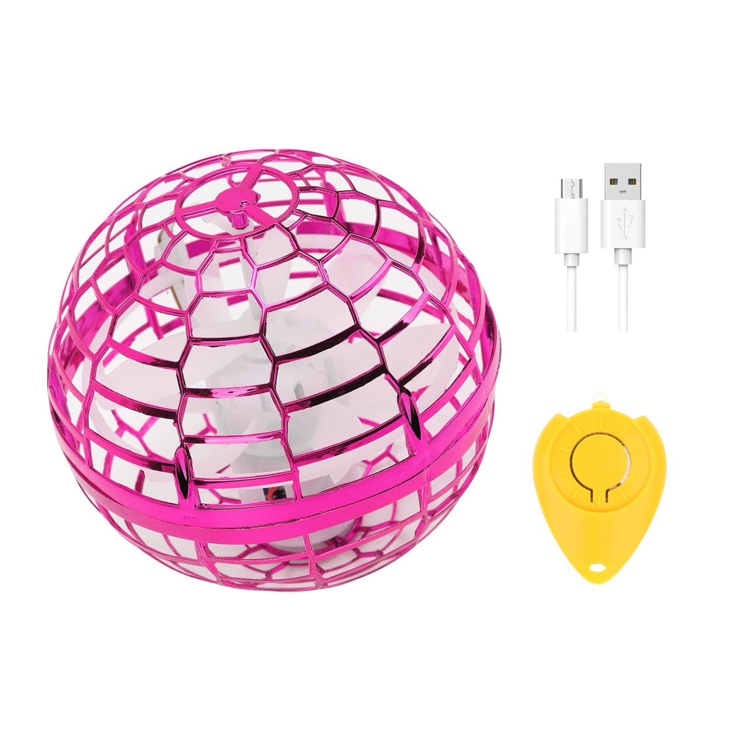 Bola voladora en rotación mostrando efectos de luces LED vibrantes.