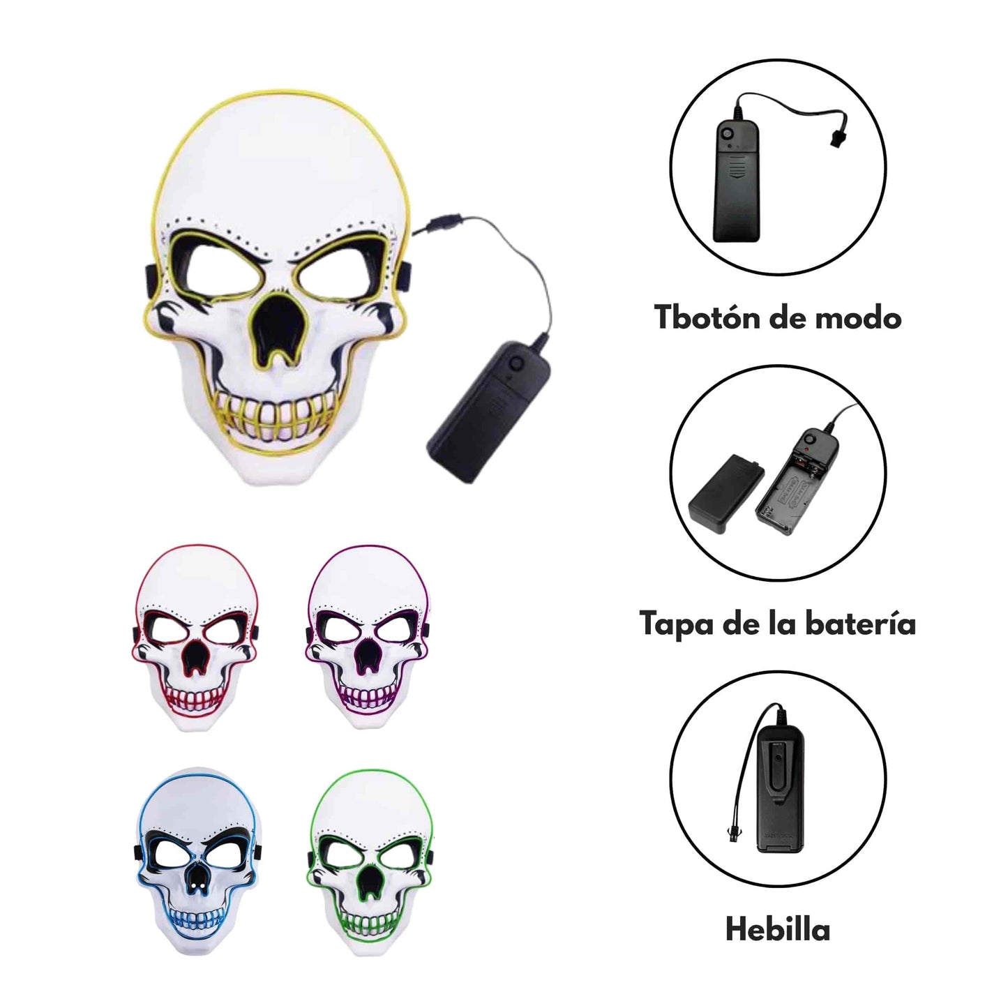 Máscara LED calavera LumiSkull Xtreme en color verde neón, destacando su efecto luminoso en la oscuridad