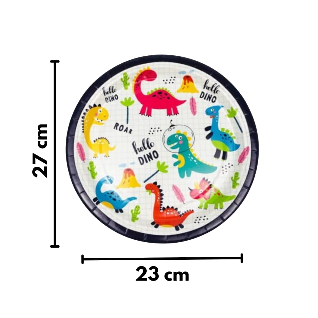 Platos Hello Dino 23 cm biodegradables con ilustraciones de dinosaurios y volcanes