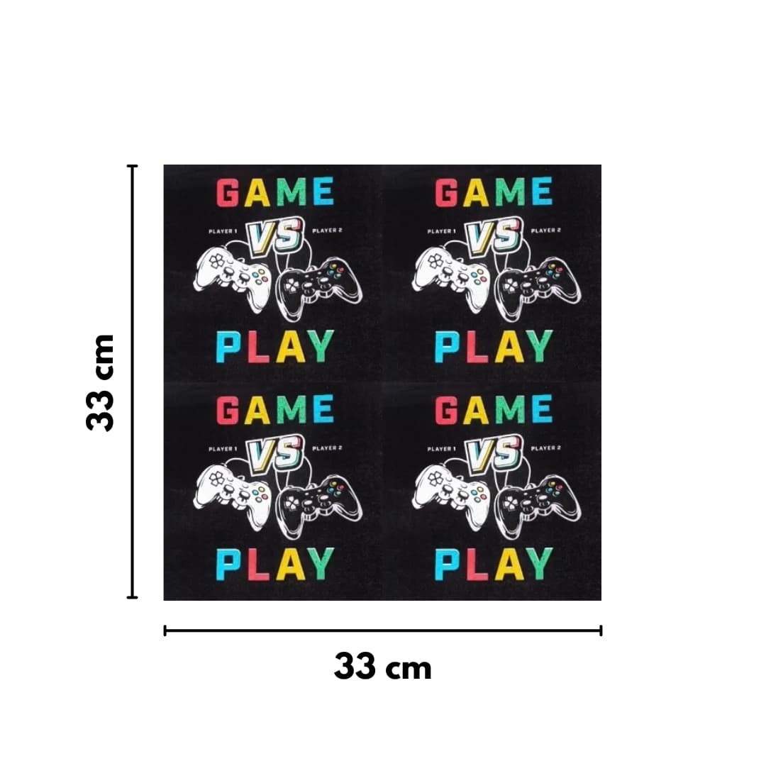 Detalle de servilleta gamer negra con mandos y texto 'GAME VS PLAY', absorbente y ecológica
