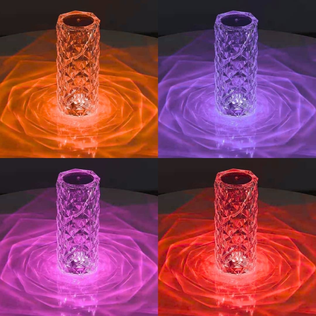 Lámpara diamante iluminando mesita de noche con tono púrpura