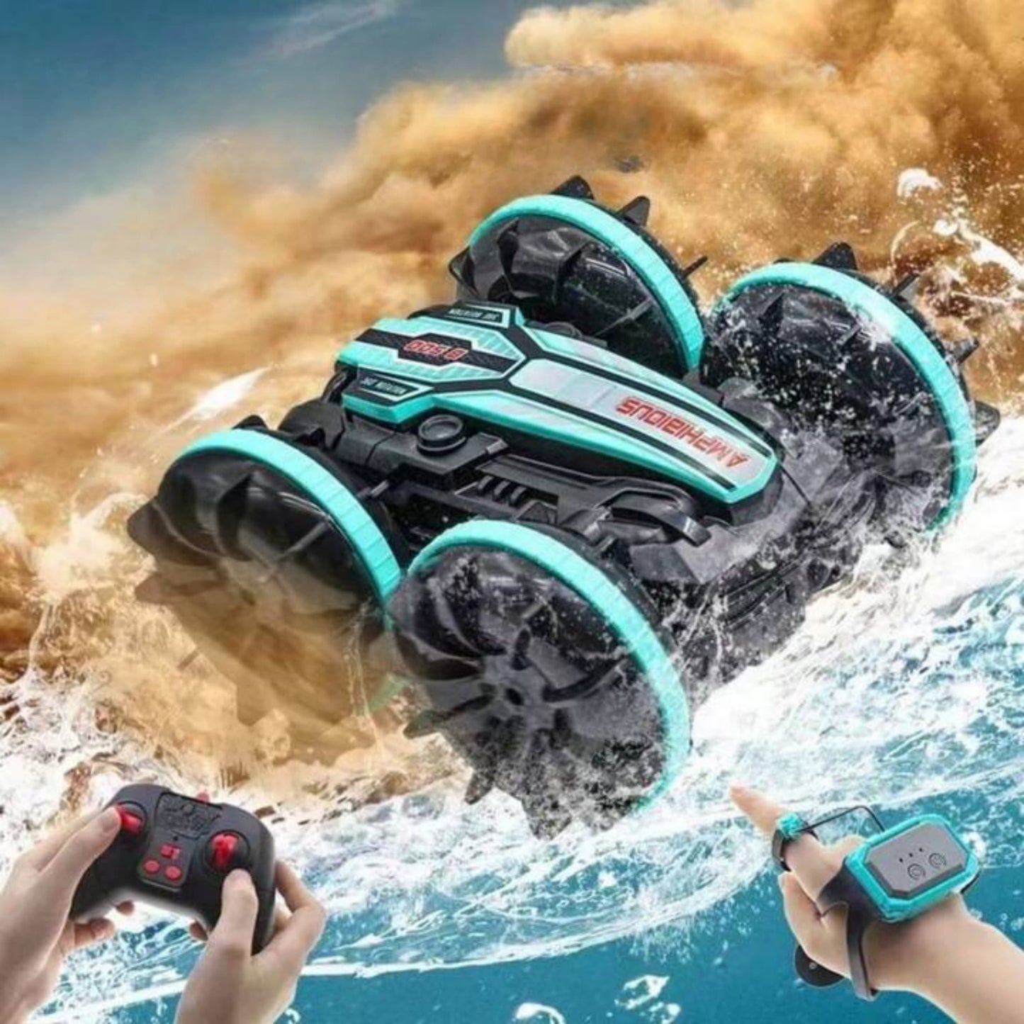 Coche RC con ruedas grandes, diseño robusto y luces LED activas.