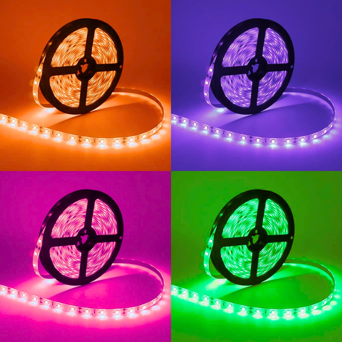 Transición de colores (rojo, azul, verde, violeta) de la tira LED en acción.