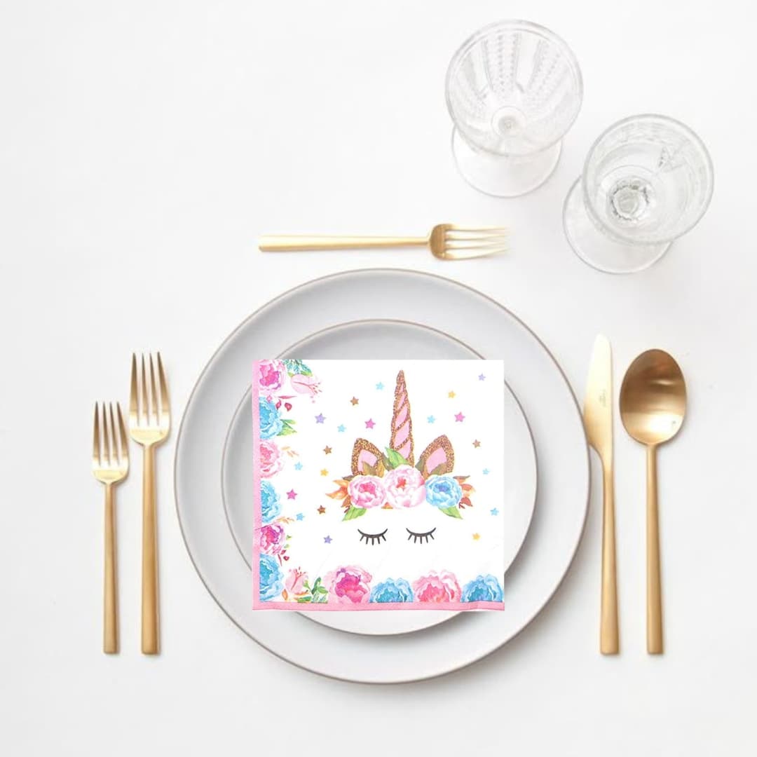 Pack de servilletas unicornio con diseño de flores y estrellas, perfectas para baby showers