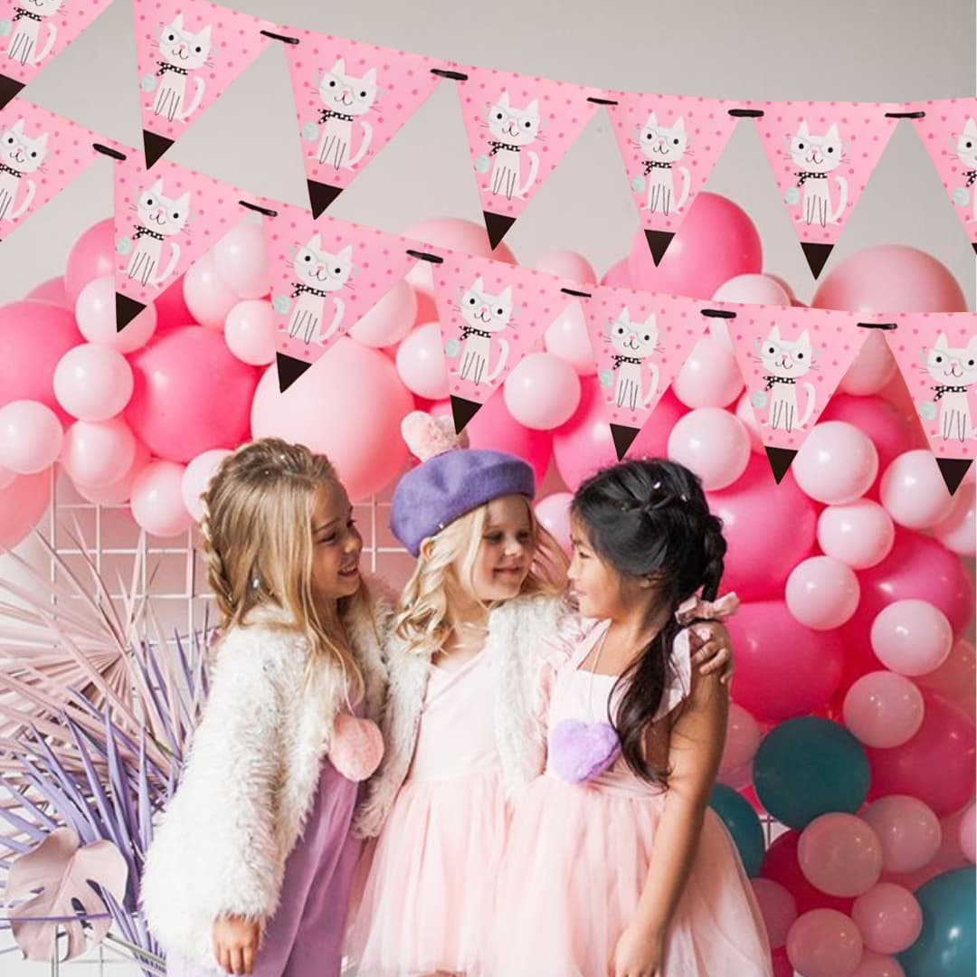 Decoración kawaii de guirnalda de gatitos rosa para cumpleaños y eventos temáticos
