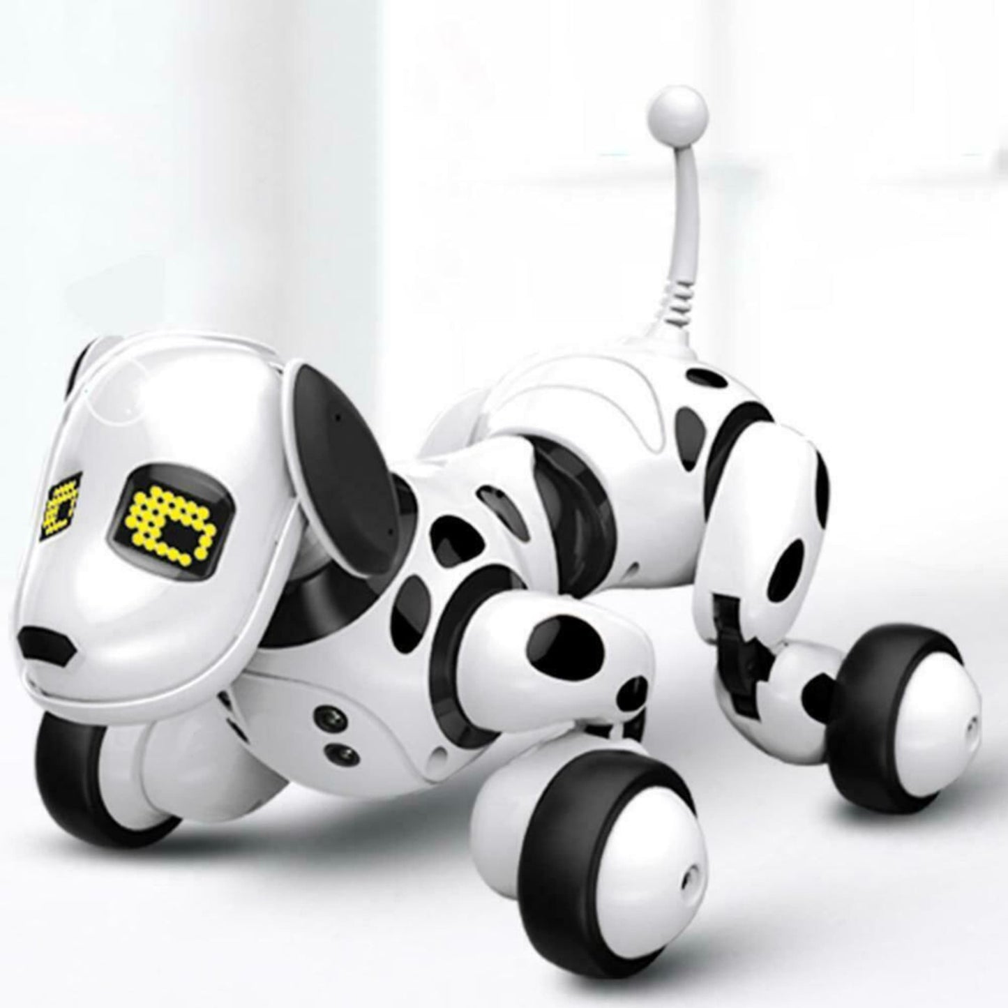 Vista tridimensional del robot perro con ruedas, ideal para acrobacias en interiores