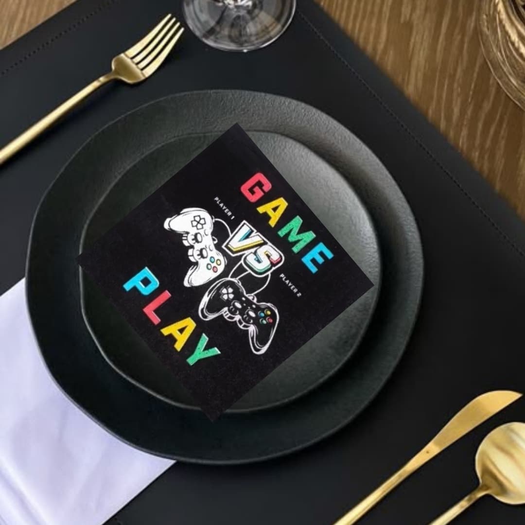Servilletas gamer de papel ecológico, combinables con platos y vasos de la colección