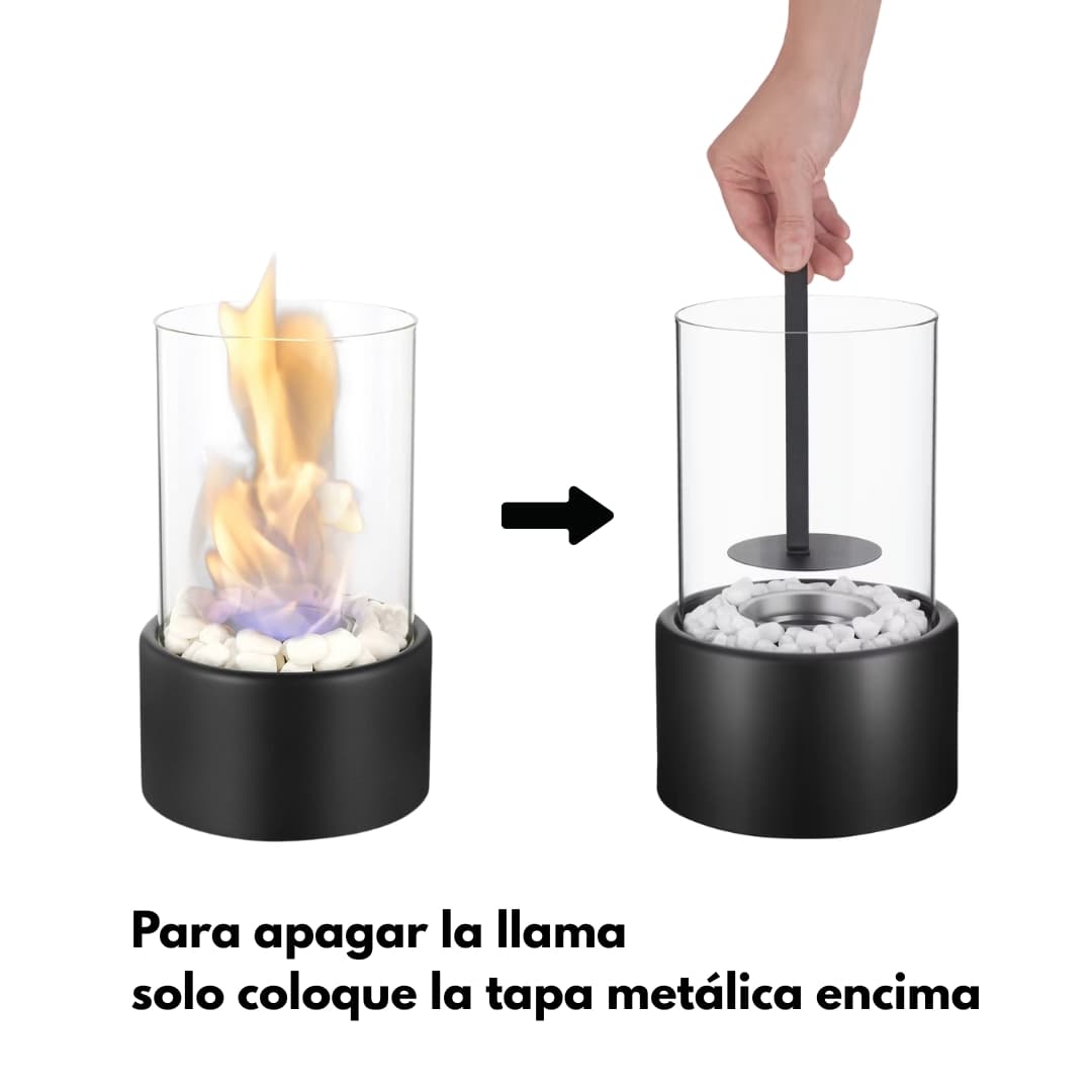 Chimenea de bioetanol encendida sobre mesa, creando ambiente acogedor sin humo
