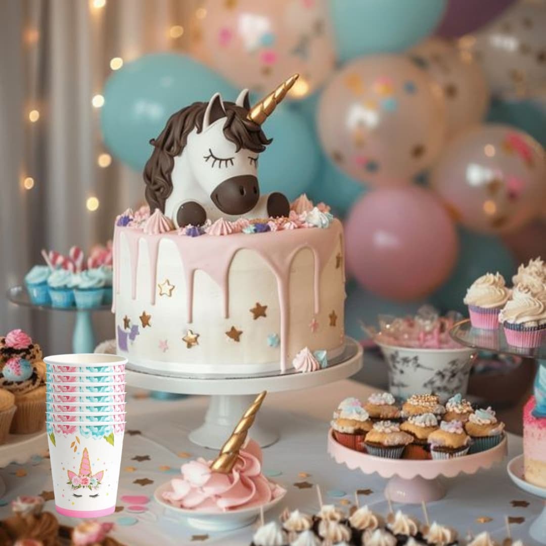 Vasos unicornio multicolor pastel, combinables con platos y servilletas de la colección