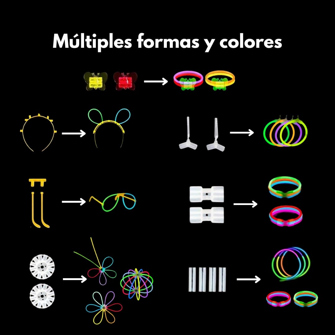 Contenido completo del set Lumina Pro, 450 piezas fluorescentes para fiestas y eventos nocturnos.