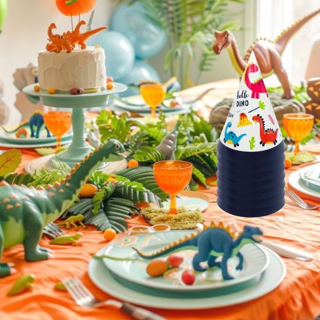 Sombreros temáticos Hello Dino de 20 cm de alto y 14 cm de diámetro, listos para usar